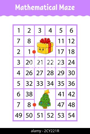 Labirinto rettangolare matematico. Gioco per bambini. Numero labirinto. Foglio di lavoro Education. Pagina attività. Indovinello per bambini. Personaggi cartoni animati. Illustrazione Vettoriale
