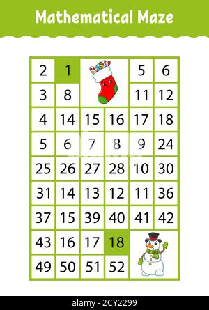 Labirinto rettangolare matematico. Gioco per bambini. Numero labirinto. Foglio di lavoro Education. Pagina attività. Indovinello per bambini. Personaggi cartoni animati. Illustrazione Vettoriale
