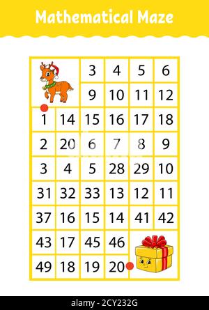 Labirinto rettangolare matematico. Gioco per bambini. Numero labirinto. Foglio di lavoro Education. Pagina attività. Indovinello per bambini. Personaggi cartoni animati. Illustrazione Vettoriale