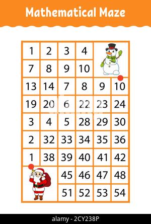 Labirinto rettangolare matematico. Gioco per bambini. Numero labirinto. Foglio di lavoro Education. Pagina attività. Indovinello per bambini. Personaggi cartoni animati. Illustrazione Vettoriale