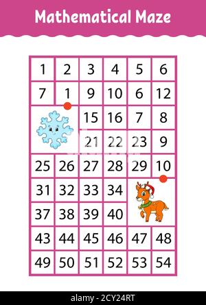 Labirinto rettangolare matematico. Gioco per bambini. Numero labirinto. Foglio di lavoro Education. Pagina attività. Indovinello per bambini. Personaggi cartoni animati. Illustrazione Vettoriale