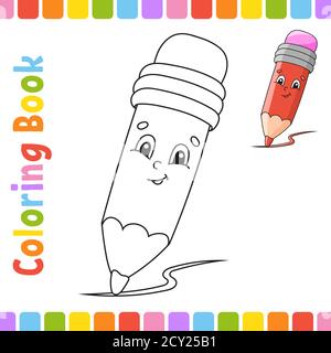 Libro da colorare per bambini. Ritorno a scuola. Carattere allegro. Illustrazione vettoriale. Carino stile cartoon. Pagina fantasy per bambini. Profilo nero Illustrazione Vettoriale