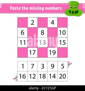 Incollare i numeri mancanti 1-20. Gioco per bambini. Pratica di scrittura a mano. Numeri di apprendimento per i bambini. Foglio di lavoro per lo sviluppo dell'istruzione. Pagina attività. ISO Illustrazione Vettoriale