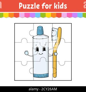 Gioco di puzzle per bambini. Pezzi di seghetto alternativo. Foglio di lavoro a colori. Pagina attività.illustrazione vettoriale isolata. Stile cartone animato. Illustrazione Vettoriale