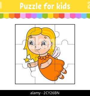 Gioco di puzzle per bambini. Pezzi di seghetto alternativo. Foglio di lavoro a colori. Pagina attività.illustrazione vettoriale isolata. Stile cartone animato. Illustrazione Vettoriale