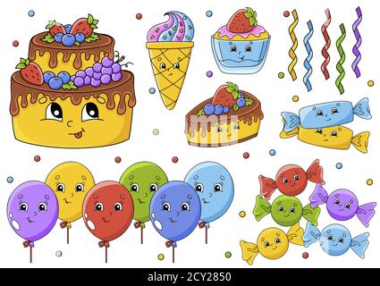 Set di adesivi con simpatici cartoni animati. Tema buon compleanno. Disegnato a mano. Confezione colorata. Illustrazione vettoriale. Patch Badges collection. Etichetta des Illustrazione Vettoriale