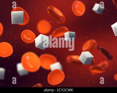 Cellule del sangue e cubetti di zucchero, il diabete è un disturbo metabolico causato da alti livelli di zucchero nel sangue Foto Stock