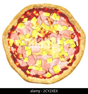 Appetitoso 3-D Illustrazione della pizza delle Hawaii cotta al forno con salsa di pomodoro, formaggio di mozzarella grattugiato, prosciutto cotto, pezzi di ananas, sale marino, pancetta piccola Foto Stock