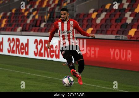 Londra, Regno Unito. 01 Ottobre 2020. Ha detto Benrahma di Brentford in azione durante il gioco. Carabao Cup, EFL Cup match, round di 16, Brentford contro Fulham al Brentford Community Stadium di Brentford, Londra giovedì 1 ottobre 2020. Questa immagine può essere utilizzata solo per scopi editoriali. Solo per uso editoriale, è richiesta una licenza per uso commerciale. Nessun utilizzo nelle scommesse, nei giochi o nelle pubblicazioni di un singolo club/campionato/giocatore. pic by Steffan Bowen/Andrew Orchard sports photography/Alamy Live news Credit: Andrew Orchard sports photography/Alamy Live News Foto Stock