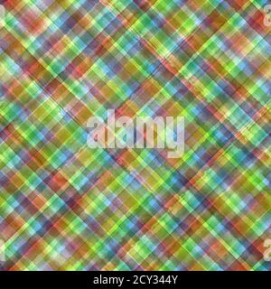 Colorato grunge madras tartan plaid diagonale astratto geometrico senza cuciture sfondo. Acquerello disegno a mano senza cuciture motivo con verde rosso blu rosa a Foto Stock