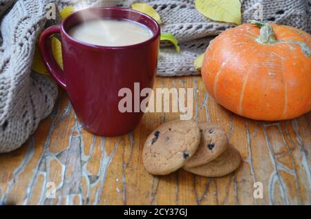 Pumpkin Spice Latte. Tazza di latte con ingredienti di stagione autunno spezie, cookie e decor di caduta. Tradizionale bevanda di caffè per vacanze d'autunno. Foto Stock