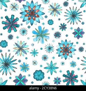 Astratto motivo floreale senza giunture etniche boho. Acquerello disegno a mano blu teal turchese marrone fiori texture su sfondo bianco. Sfondo, avvolgimento Foto Stock