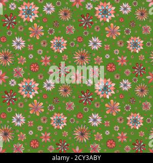 Motivo boho etnico senza giunture floreali astratte. Fiori colorati disegnati a mano su sfondo verde. Carta da parati, avvolgente, tessile, tessuto Foto Stock