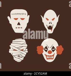 Duotono Cartoon halloween mostri set. Emozioni smiley e malvagie Illustrazione Vettoriale