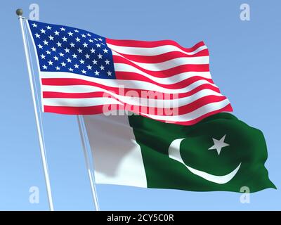 Due bandiere di stato sventolanti di Stati Uniti e Pakistan sul cielo blu. Background aziendale di alta qualità. illustrazione 3d Foto Stock