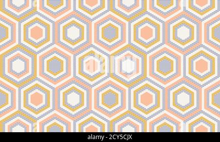 Geometria astratta in colori retrò, geometrie forme modello. Modello vettoriale senza giunture. Sfondo giallo senape e rosa corallo. Pat. Tessuto moda Illustrazione Vettoriale