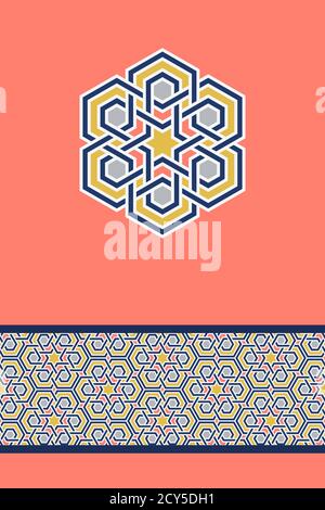 Modello biglietto di auguri per le festività musulmane. Geometria tradizionale arabica dell'islam, elemento di design decorativo e bordo del pattern. Illustrazione vettoriale. Ramadan K. Illustrazione Vettoriale