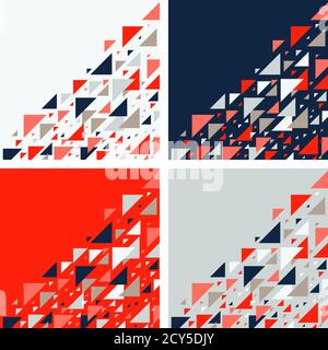 Set di quattro sfondi geometrici astratti - pattern triangoli multicolore. Illustrazione vettoriale. Colori rosso, bianco, grigio, blu scuro. Colori vivaci e vivaci Illustrazione Vettoriale
