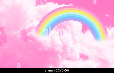 Cotone candy cielo rosa sfondo illustrazione, arcobaleno nelle nuvole. Illustrazione fantasy. Foto Stock