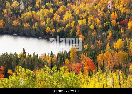 Vista ad alto angolo sul lungolago con banchine nel nord del Minnesota e gli alberi in colore brillante durante l'autunno Foto Stock