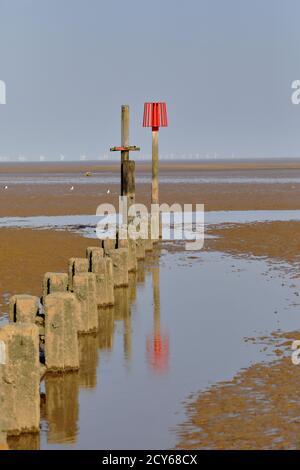 Un groyne di legno che termina in un faro di avvertimento a bassa marea sull'estuario dell'Humber alla spiaggia di Cleethorpes, Lincolnshire, Inghilterra, Foto Stock