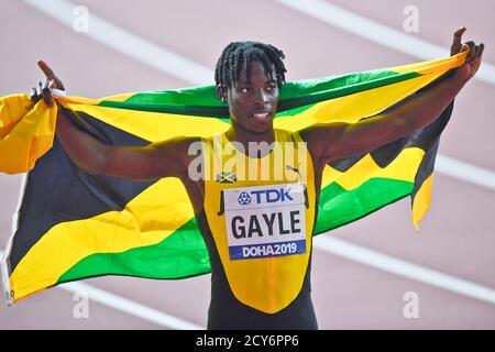 Tajay Gayle (Giamaica) vince la medaglia d'oro nella finale di Long Jump Men. IAAF World Athletics Championships, Doha 2019 Foto Stock