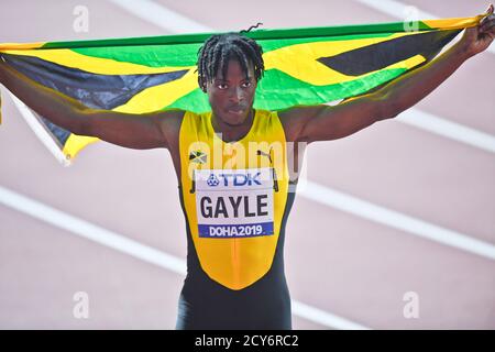 Tajay Gayle (Giamaica) vince la medaglia d'oro nella finale di Long Jump Men. IAAF World Athletics Championships, Doha 2019 Foto Stock