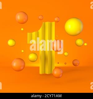 Caldo minimo giallo scintillante font numero 1 ONE rendering 3D immagine isolata su sfondo arancione Foto Stock
