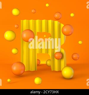 Immagine di rendering Letter R 3D con carattere giallo brillante e minimo caldo isolato su sfondo arancione Foto Stock