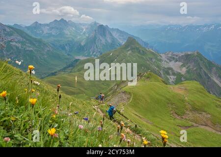 Escursioni attraverso un bellissimo paesaggio di montagna solitaria nelle alpi. Paesaggio di montagna solitario con fiori bellissimi. Foto Stock
