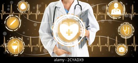 Medical Healthcare Concept - medico in ospedale con icone mediche digitali banner grafico che mostra il simbolo della medicina, le persone di assistenza medica, emergenza Foto Stock