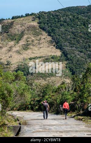 PARATY, RIO DE JANEIRO / BRASILE - 17 AGOSTO 2019: Vista di una grande montagna coperta da vegetazione verde del parco nazionale Serra da Bocaina come visto da Pedra Foto Stock