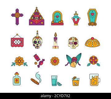 Set di colorate icone piene per la celebrazione di dia de Muertos. Day of the Dead - simboli tradizionali messicani Illustrazione Vettoriale