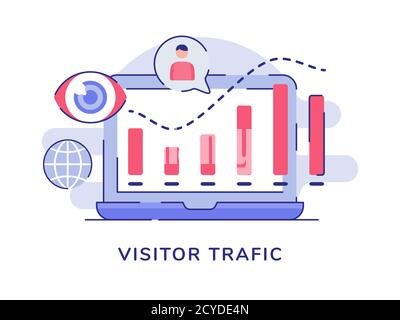 Grafico a barre delle statistiche sul concetto di traffico dei visitatori sullo schermo del computer portatile sfondo bianco isolato con profilo piatto Illustrazione Vettoriale