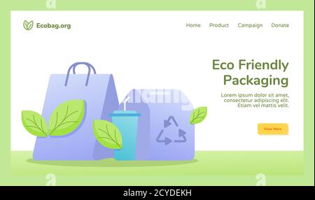 Confezione eco-friendly shopping bag tazza bevanda cibo confezione campagna di riciclaggio per il sito web home page modello banner atterraggio pagina con piano Illustrazione Vettoriale