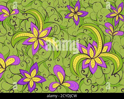 Motivo di sfondo floreale disegnato a mano vettoriale. Sfondo verde, viola e giallo. Illustrazione Vettoriale