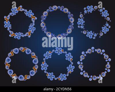 Set vettoriale di cornici rotonde floreali per il tuo design con posto per il tuo testo. Nei colori blu e marrone. Illustrazione Vettoriale