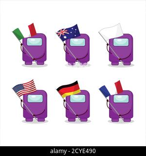 Tra noi carattere cartoon viola portare le bandiere di vari paesi Illustrazione Vettoriale