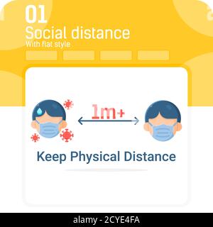 Icona di anteprima della distanza sociale con stile piatto isolato su sfondo bianco. Illustrazione vettoriale simbolo dell'icona del virus corona per l'assistenza sanitaria Illustrazione Vettoriale