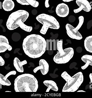 Shiitake funghi modello senza cuciture. I funghi ripetono il modello. Illustrazione vettoriale in bianco e nero. Per la progettazione di superfici, poster, sfondo, Illustrazione Vettoriale