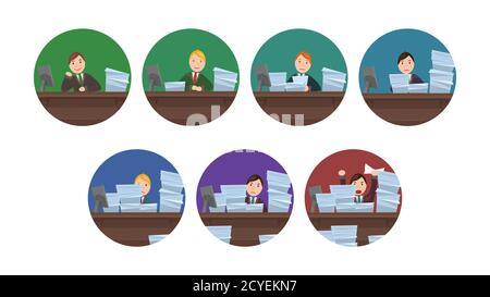 Set di immagini circolari Workload Workworkers in stile cartoon. L'oggetto è separato dallo sfondo. Elemento vettoriale per articoli, banner, icone e y Illustrazione Vettoriale