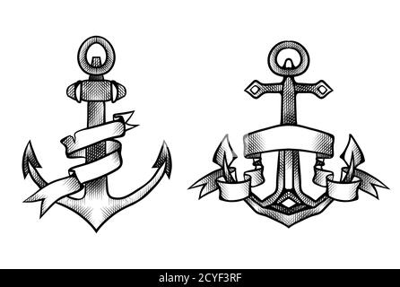 Ancoraggi vintage per incisione in bianco e nero con nastro di carta. Illustrazione disegnata a mano. Elemento vettoriale per tatuaggi, stampa per t-shirt, Illustrazione Vettoriale