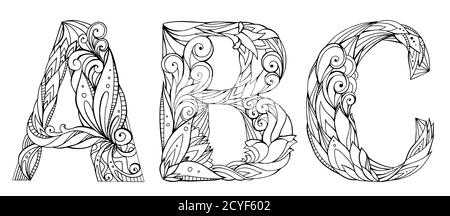 Set di lettere bianche e nere con motivo. Alfabeto. Colorazione per adulti. Elemento vettoriale per il progetto. Illustrazione Vettoriale