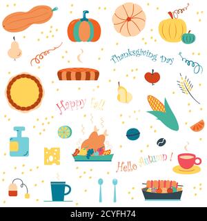 Set di simboli autunnali. Elementi vettoriali del giorno del ringraziamento, ciao autunno, felice stagione autunnale su sfondo bianco. Clip art piatto stagionale per il sito web d Illustrazione Vettoriale