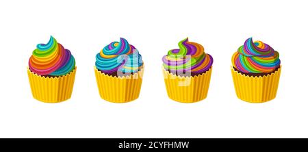 Cupcake arcobaleno con glassa multicolore. Gustose torte con crema colorata. Illustrazione vettoriale in simpatico stile cartoon Illustrazione Vettoriale