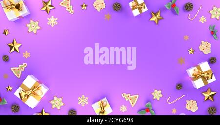 Sfondo viola di Natale. Banner decorativo con cornici con regali, stelle e nastri dorati. Spazio per le copie natalizie. rendering 3d. Foto Stock