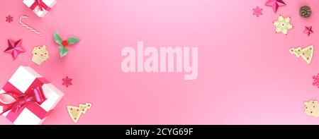 Sfondo rosa di Natale. Allegro Natale copia spazio banner con regalo, stelle, cono di pino, nastro, biscotti. Rendering 3D. Foto Stock