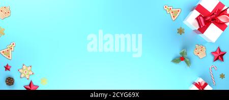 Sfondo blu di Natale. Banner decorativo con cornice con regali, stelle e nastri rossi. Spazio per le copie natalizie. rendering 3d. Foto Stock