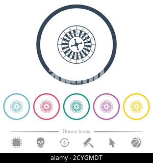 Icone di colore piatto della ruota della roulette in contorni rotondi. 6 icone bonus incluse. Illustrazione Vettoriale