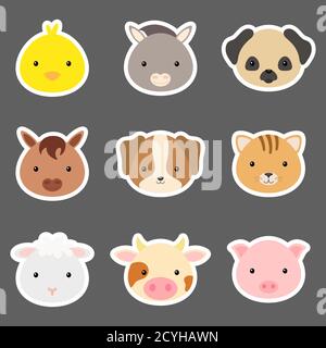Set di simpatici adesivi teste animali. Personaggi animali di cartoni animati domestici per il disegno della stampa del bambino, i bambini indossano, acquazzone del bambino, automobile di benvenuto e di invito Illustrazione Vettoriale